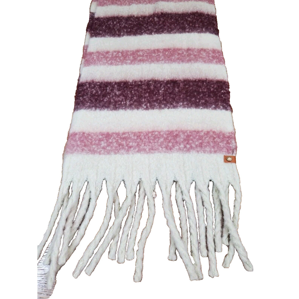 New! Frye Scarf Fringe Long Womens Cream Striped Large Western Soft Fuzzy Knit